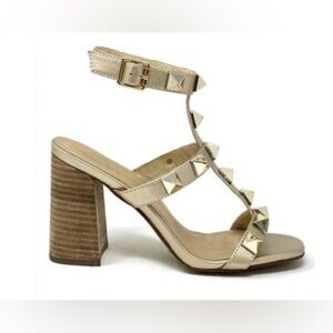 SHU SHOP: STRAPPY STUD HEELS/BEIGE/BLOCK HEEL/SIZE 6.5 (Runs as 7 - 7.5)